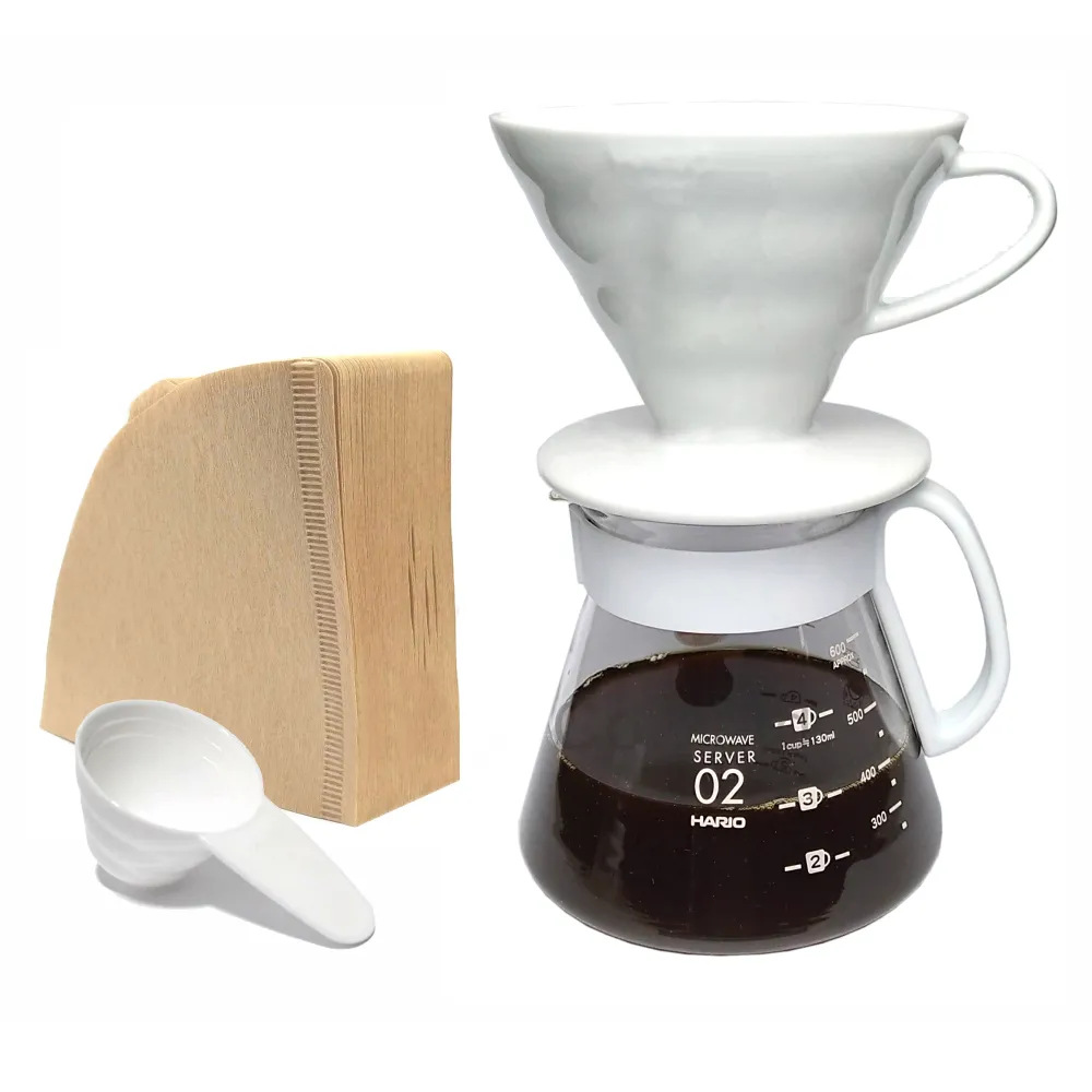 【HARIO】HARIO V60白色02陶瓷濾杯咖啡壺組(4杯份禮盒組)
