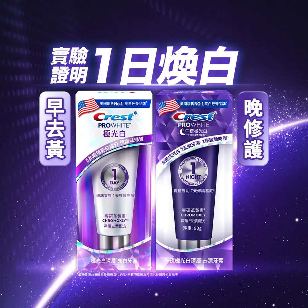 【Crest】1日亮白新客組-極光白深層亮白 美白牙膏90g 2入.牙齒美白(1天亮白/革黃素/牙齒美白/極光小白管)