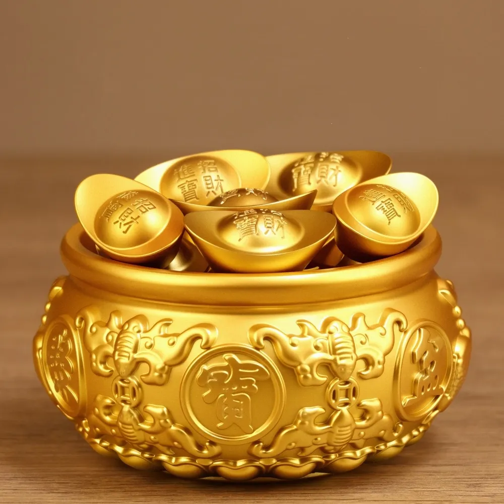 匠俱】黃銅金元寶聚寶盆直徑12.8cm桌面風水擺件招財聚財兩用存錢罐客廳