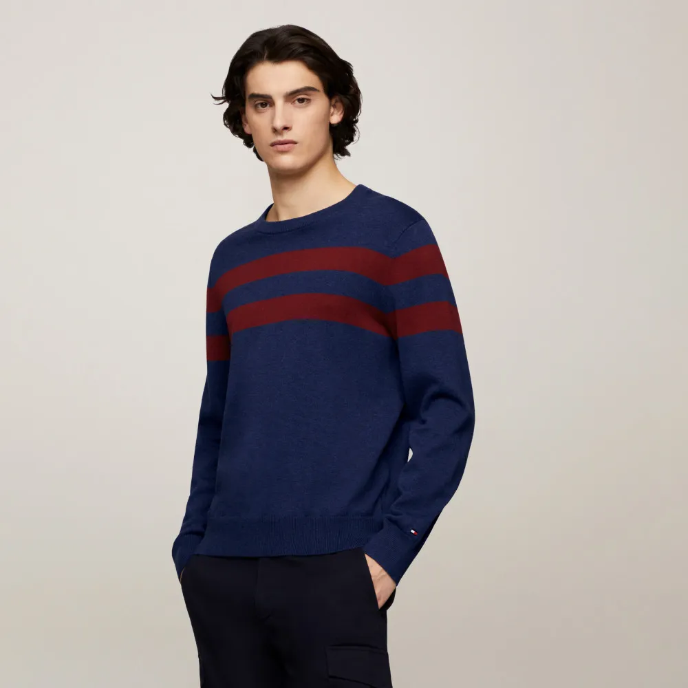 【TOMMY HILFIGER】官方旗艦館 條紋圓領針織毛衣_藍色