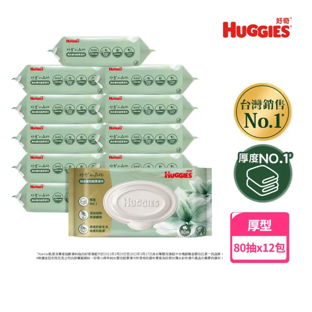 【HUGGIES 好奇】小森林純水嬰兒超厚濕巾80抽x12包x2箱(含蓋濕紙巾)