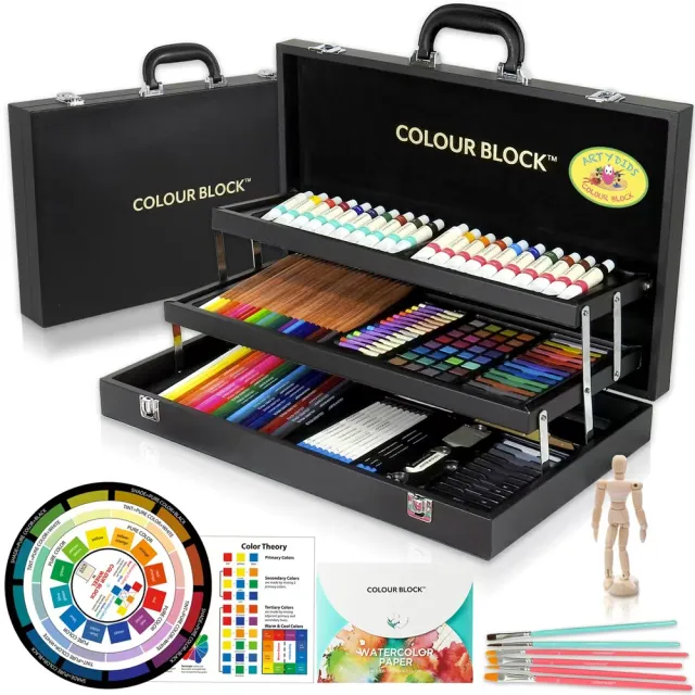 【COLOUR BLOCK】181件12種媒材繪畫套組 皮革畫具盒(水彩 壓克力 色鉛筆 粉彩 美術工具箱 小學生禮物)