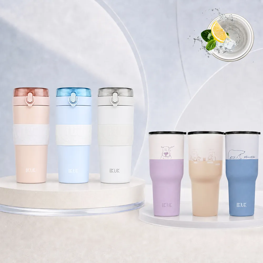 【IKUK 艾可】2入組-真陶瓷彈蓋吸管保冰杯800ml+真陶瓷吸管杯冰壩杯900ml贈5件組配件(特惠組/保溫瓶)