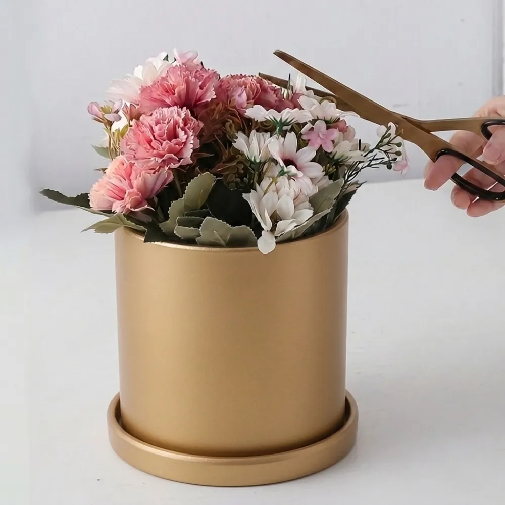 【KOTI 日安生活】莫蘭迪色陶瓷花盆圓筒形附底盤/盆栽/花槽-11cm(有底孔透氣排水好)