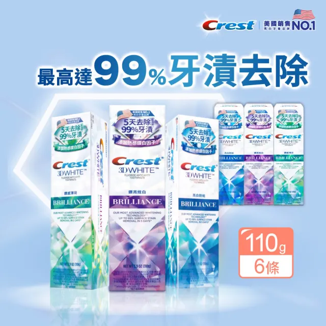 【Crest】速效美白-極致鑽白 美白牙膏110g 6入．牙齒美白(鑽亮炫白/鑽感薄荷/亮白防蛀)