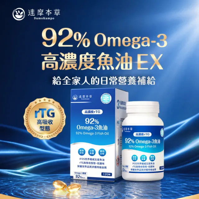 【達摩本草】買一送一 92% Omega-3 rTG高濃度魚油EX 1入120顆/盒(醫生推薦、金質獎肯定)