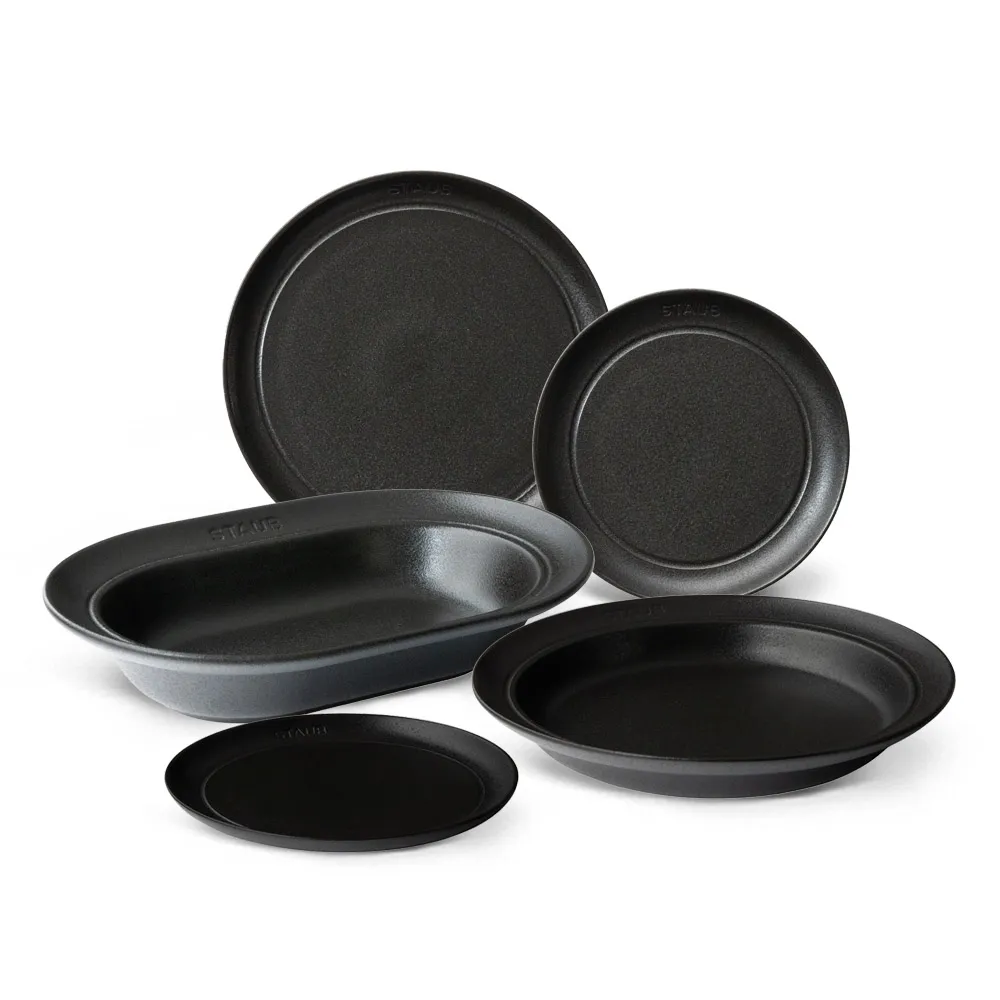【STAUB】DINING LINE 靜謐黑橢圓陶瓷盤5件組-25/24/22/15x2cm(德國雙人牌集團官方直營)