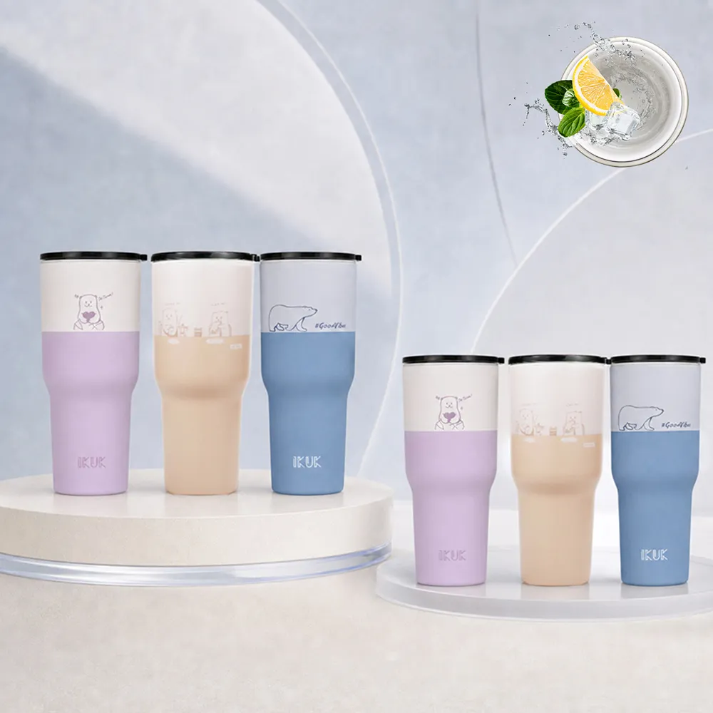 【IKUK 艾可】2入組-真陶瓷內膽保溫保冰杯-吸管杯冰壩杯900ml贈5件組配件(特惠組/保溫瓶)