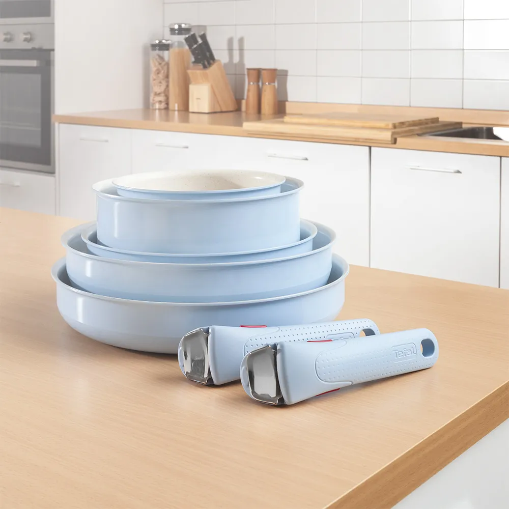【Tefal 特福】巧變精靈系列可拆式不沾鍋5鍋11件組-天空藍(IH爐可用鍋/電磁爐適用/露營好攜帶)