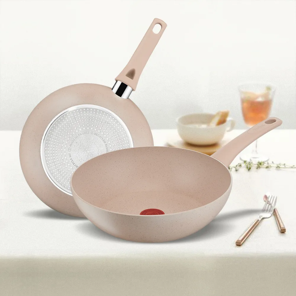 【Tefal 特福】法國製法式歐蕾系列28CM不沾炒鍋+28CM平底鍋(電磁爐適用)