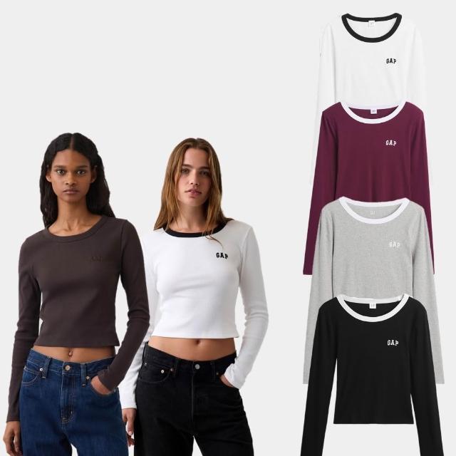 【GAP】女裝 羅紋短版Gap Logo長袖T恤-多款任選(915080&914583)