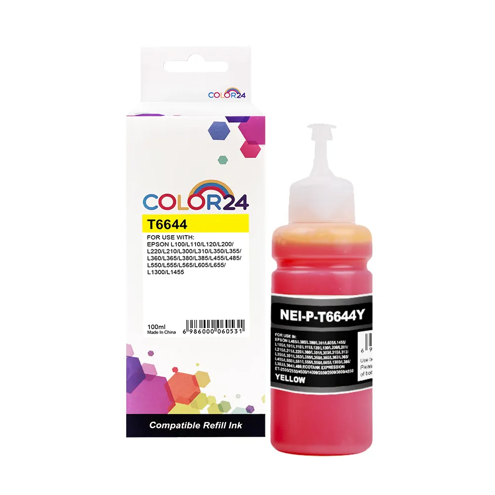 【COLOR24】for EPSON 黃色 增量版 T664400/100ml 相容連供墨水(適用 L100/L110/L120/L200/L220/L210/L300)
