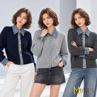 【MON’S】復古丹寧拼接針織外套(直)