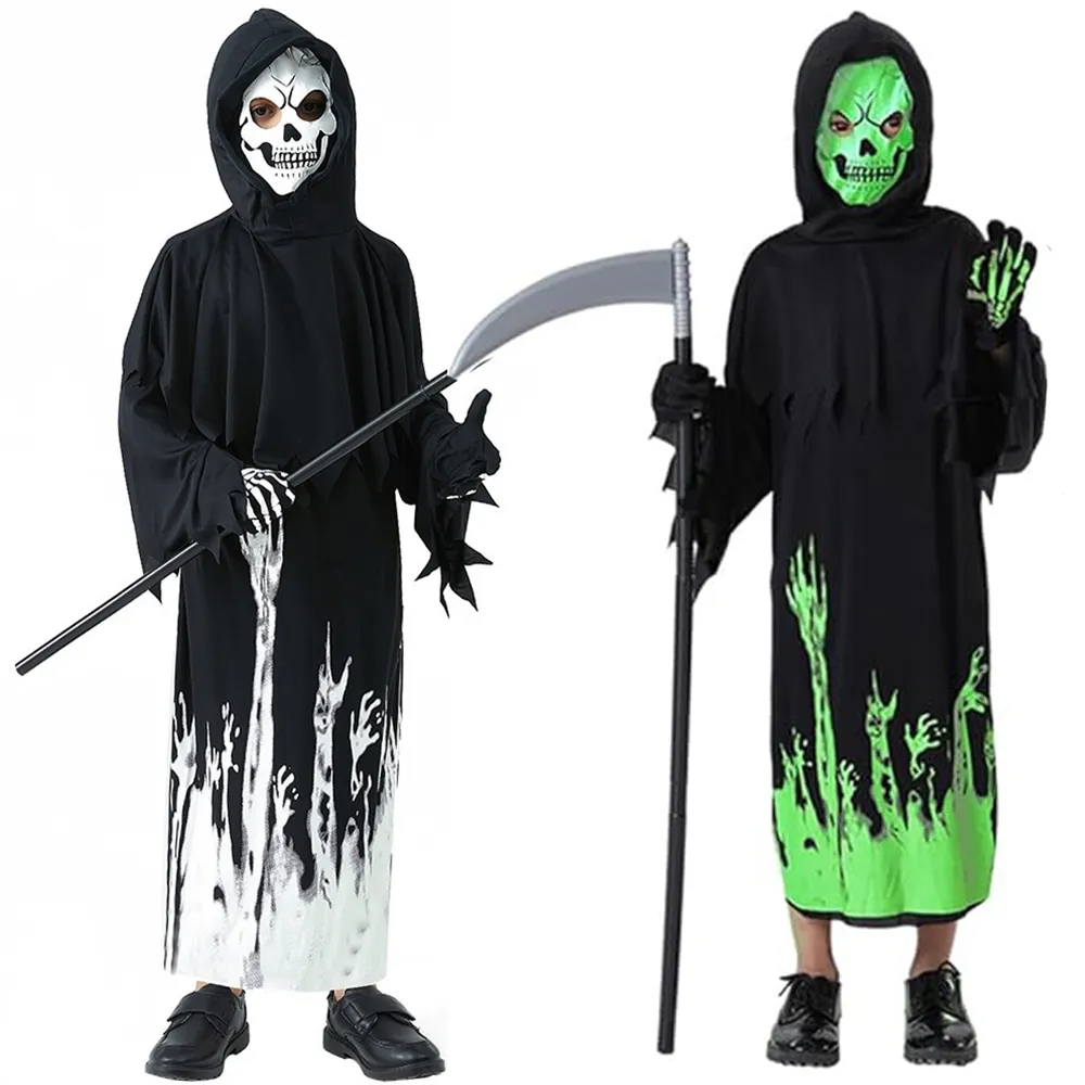 【橘魔法】地獄死神夜光骷髏人長袍 附手套（略有製作痕跡）男童 兒童 萬聖節 角色扮演 道具 表演 變裝