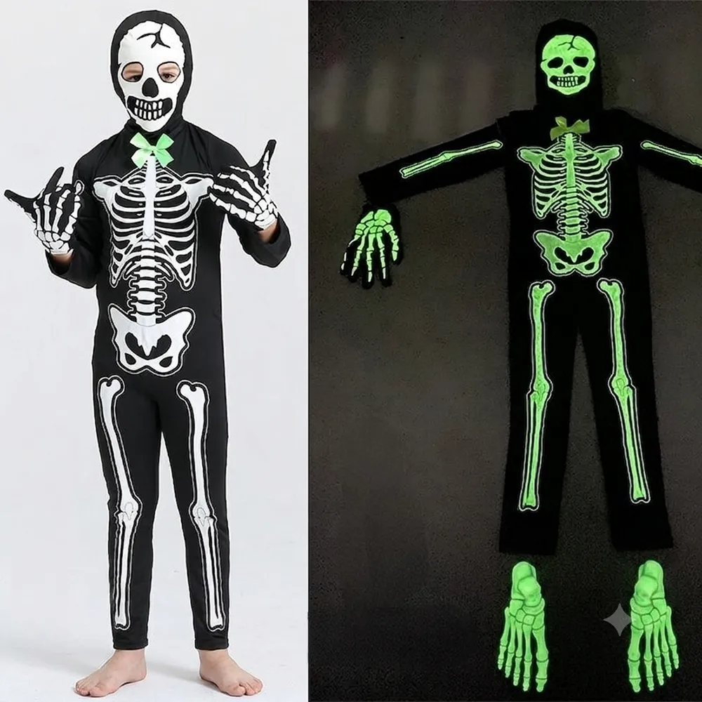 【橘魔法】領結夜光骷髏人連身衣套裝 3件套 兒童 大童 男童 女童 萬聖節 骨頭人 角色扮演 道具 變裝派對