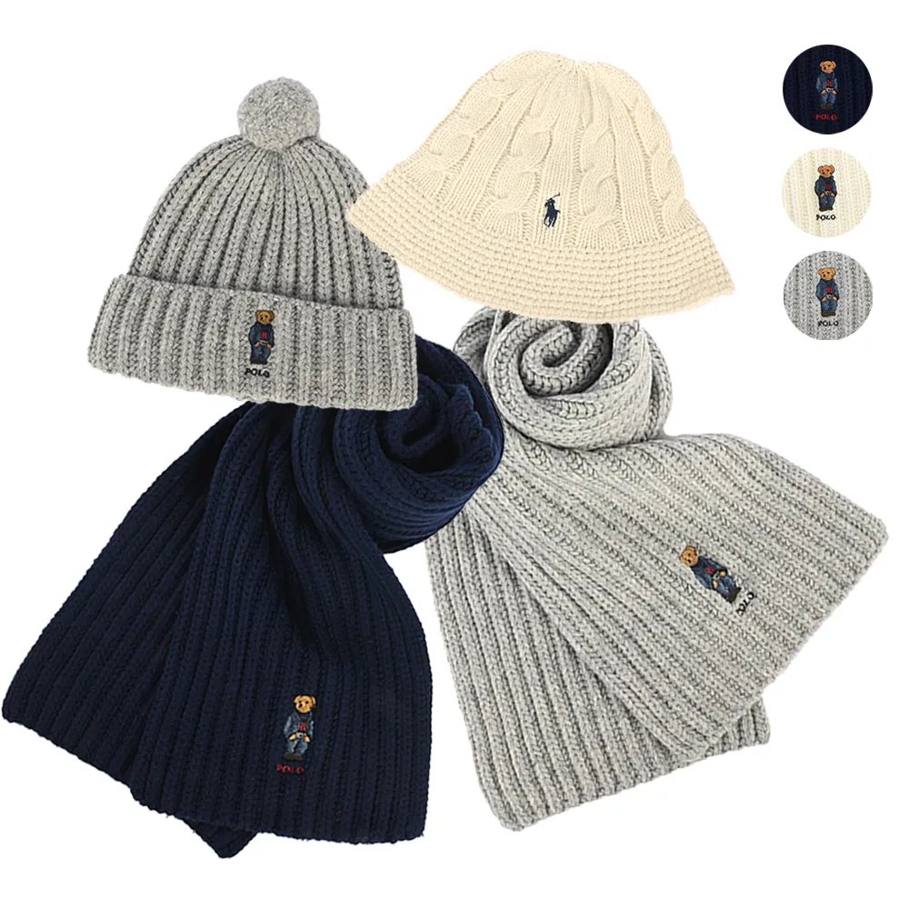 【RALPH LAUREN】POLO刺繡泰迪熊羊毛混紡羅紋針織圍巾/毛帽(任選)
