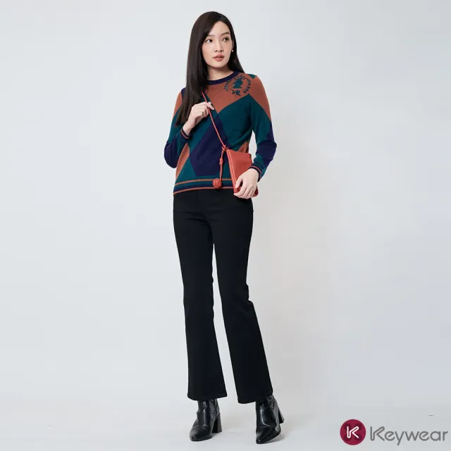 【KeyWear 奇威名品】羊毛撞色菱形格針織毛衣