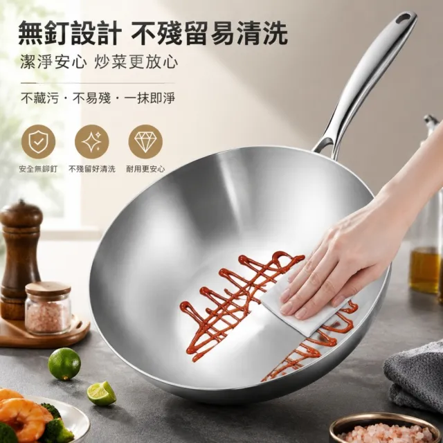 【銘利萊】炒菜鍋 316不鏽鋼炒鍋 煎鍋 加厚七層鋼 28cm煎炒鍋 無塗層無鉚釘 複合鍋 不挑爐灶