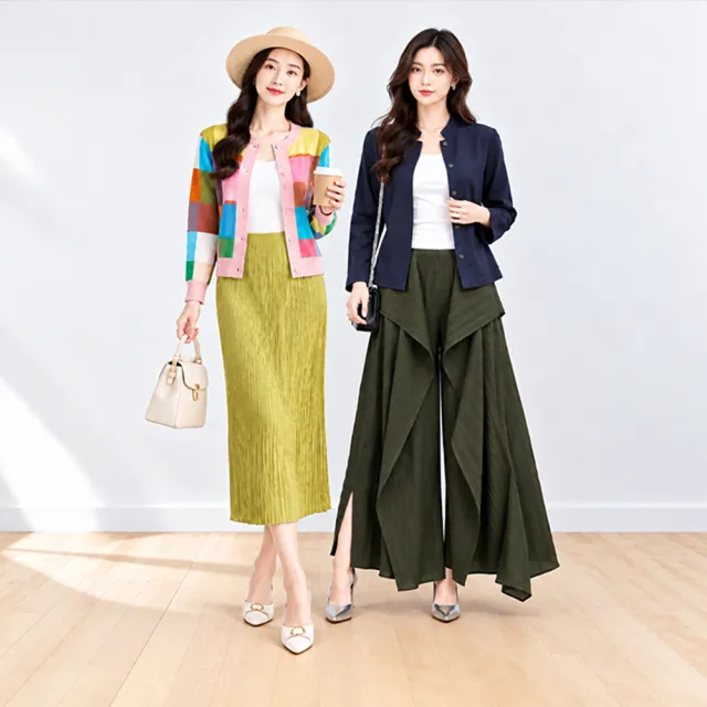 【K.W.】MOMO限定秋新品義式貴族Chill搭配三宅風皺褶摺衣中大尺碼外套/寛褲/裙(褶皺外套  風衣外套 寛褲 )