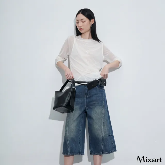 【Mixart】顯瘦 A字 寬管 七分牛仔褲 解構 錯位縫線丹寧七分褲