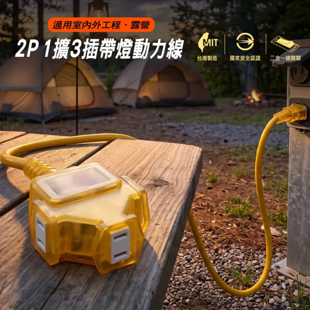 【PowerSync 群加】2P 1擴3插工業用動力延長線/黃色/15m(TU3C4150)