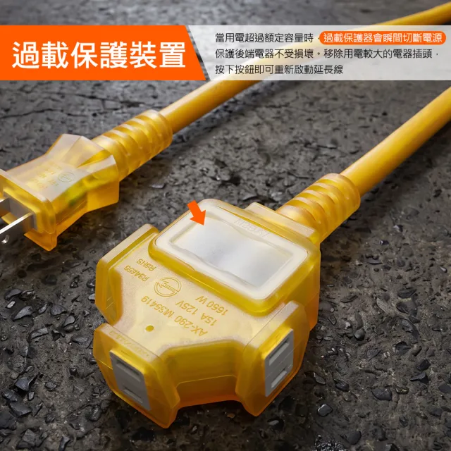 【PowerSync 群加】2P 1擴3插工業用動力延長線/黃色/15m(TU3C4150)