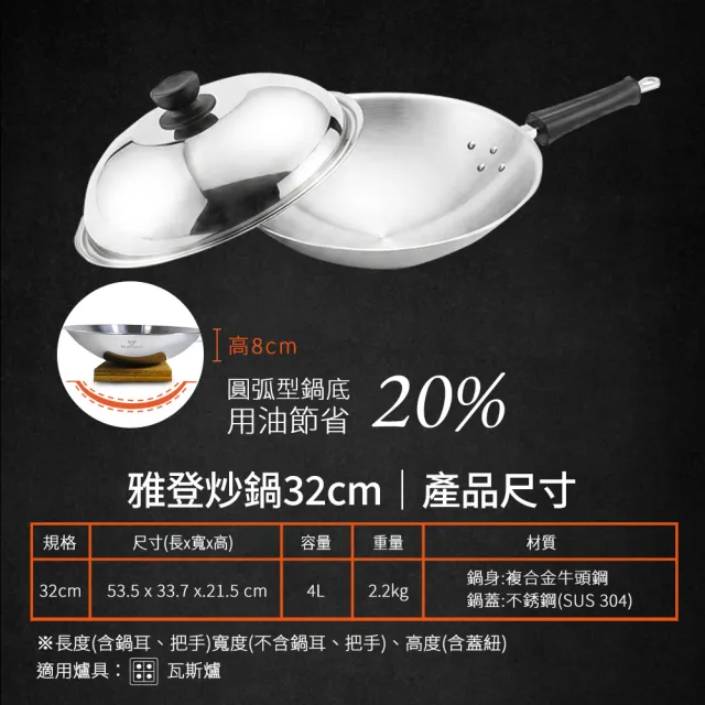【Buffalo 牛頭牌】雅登單柄炒鍋32cm (304不鏽鋼/小炒鍋/小家庭適用/耐刮耐磨)