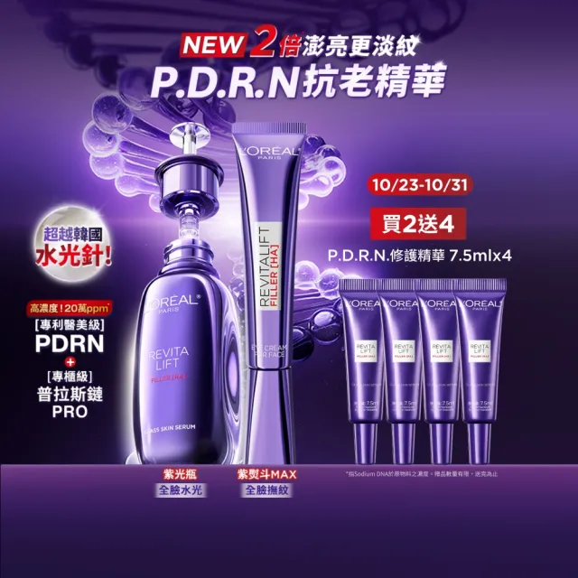 【L’OREAL Paris 巴黎萊雅】超水光P.D.R.N.修護精華30ml+玻尿酸眼霜級撫紋精華霜30ml