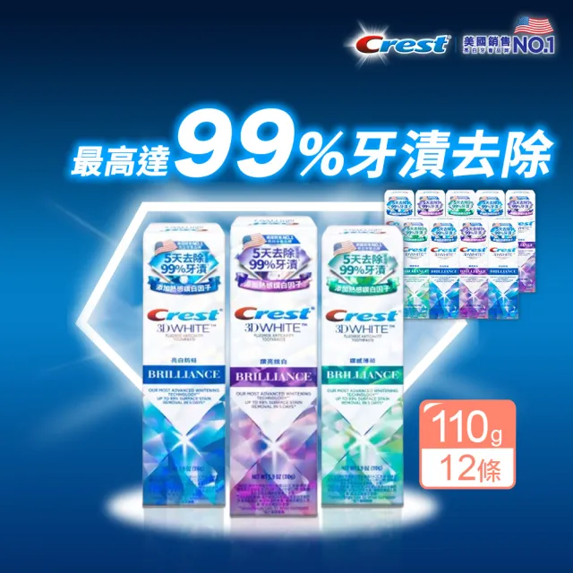 【Crest】好評囤貨組-極致鑽白 美白牙膏110g 12入．牙齒美白(鑽亮炫白/鑽感薄荷/亮白防蛀)