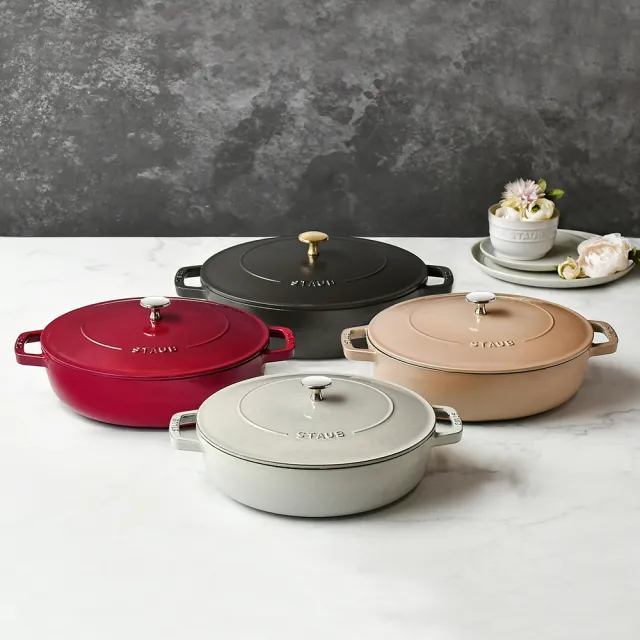 【STAUB】琺瑯鑄鐵鍋雙鍋組-淺燉鍋28cm+圓鍋16cm(德國雙人牌集團官方直營)