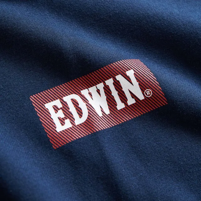 【EDWIN】男裝 仿繡線連帽長袖T恤(丈青色)