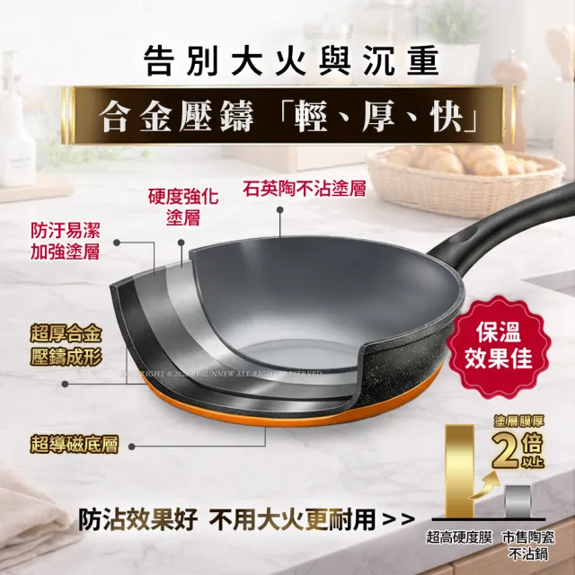 【Buffalo 牛頭牌】小牛石英陶不沾鍋炒鍋30cm(雙導角/不含PFOA.PFAS/塑化劑檢測/瓦斯爐.IH爐可)
