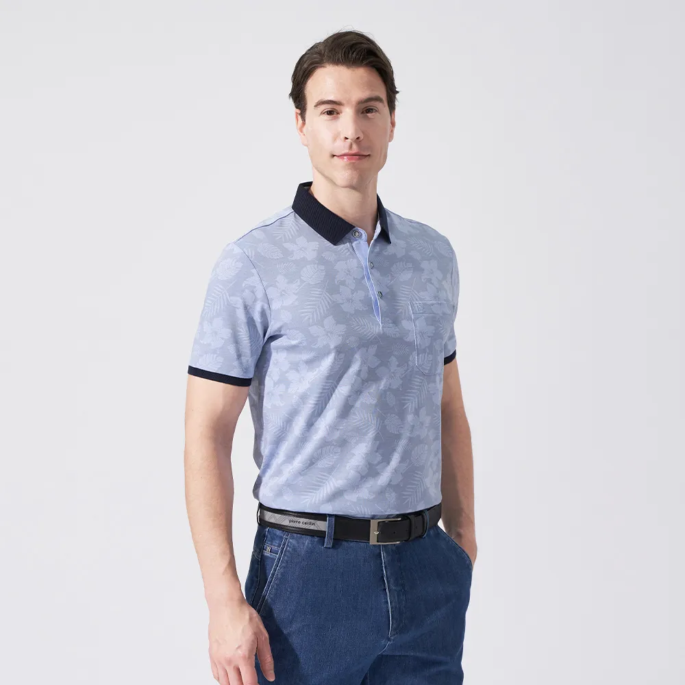 【pierre cardin 皮爾卡登】休閒服飾 男款 雙色網眼花朵印花短袖POLO衫-水藍色(5247256-35)