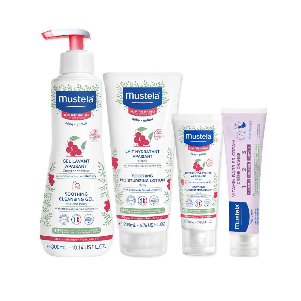 【Mustela 慕之恬廊】舒恬良 敏弱清潔防護組(雙潔露300ml＋潤身乳200ml＋面霜40ml＋屁屁膏50ml 無香乳液)