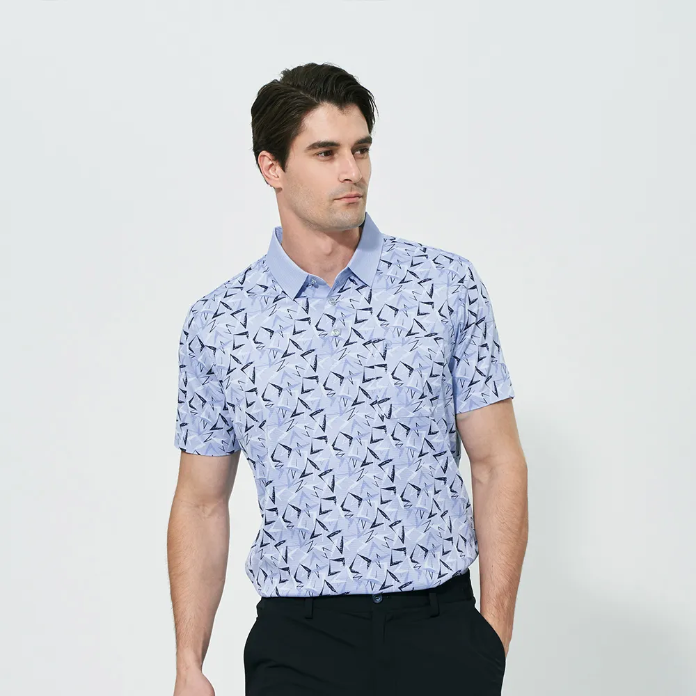【pierre cardin 皮爾卡登】休閒服飾 男款 無縫印花短袖polo衫-水藍色(5257220-33)