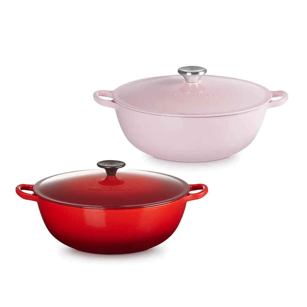 【Le Creuset】琺瑯鑄鐵鍋媽咪鍋28cm(雪紡粉/櫻桃紅 2色選1)