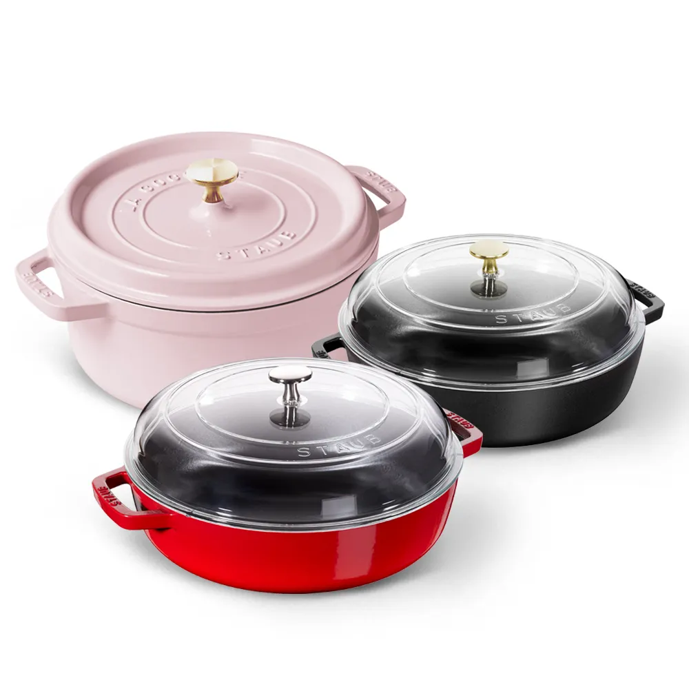 【STAUB】圓形琺瑯鑄鐵鍋24cm+雙耳煎鍋24cm/含玻璃蓋(德國雙人牌集團官方直營)