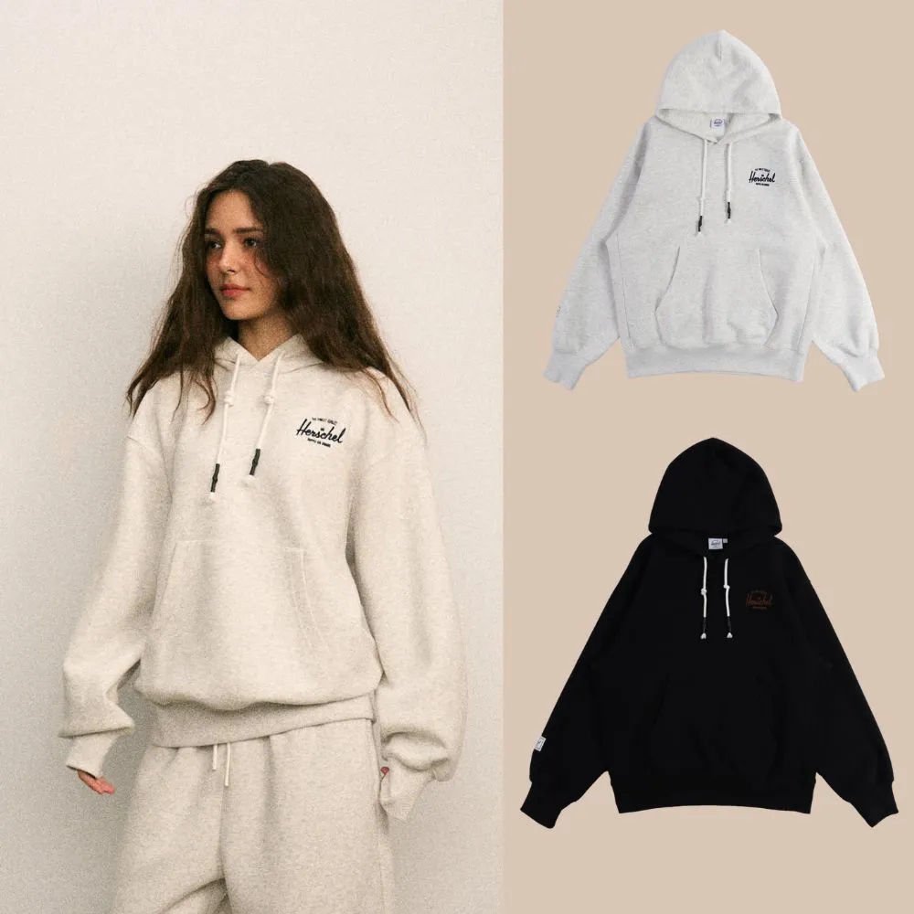 【Herschel】官方直營 男款 女款 素面LOGO長袖帽T 淺灰色/深藍色