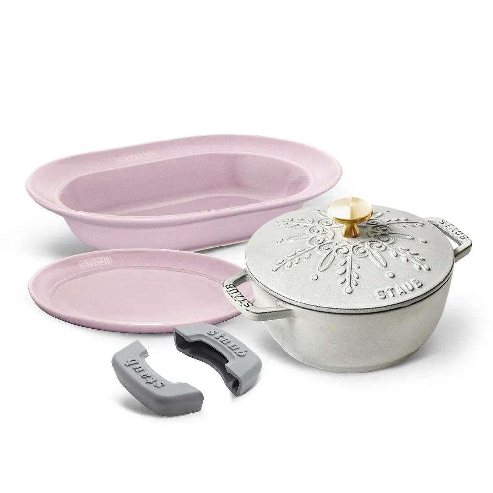 【STAUB】雪花雕花琺瑯鑄鐵鍋和食鍋16cm5件組附橢圓盤25cm、瓷盤20cm、鍋把手(德國雙人牌集團官方直營)