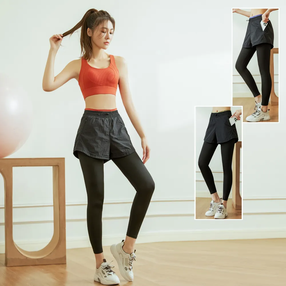 【BODYAIR】出清-假兩件輕感滾邊九分褲(瑜珈.運動.慢跑.透氣.舞蹈.運動褲)