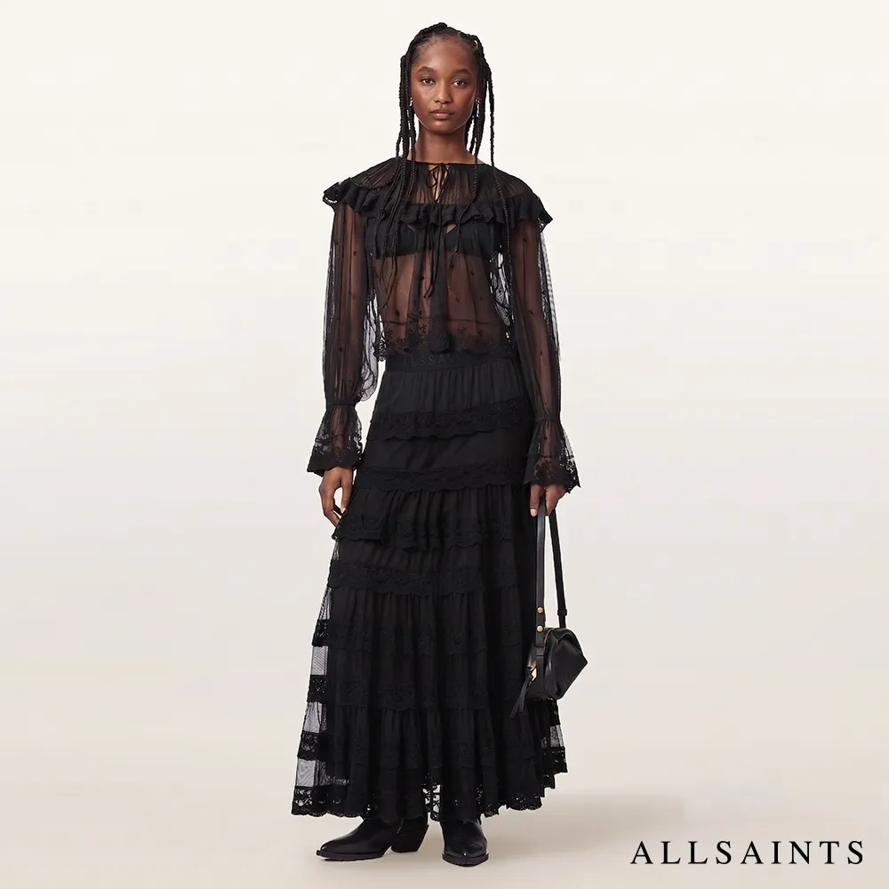 【ALLSAINTS】MAGGIE 多層蕾絲薄紗拼接長裙-黑 W100RF(常規版型)