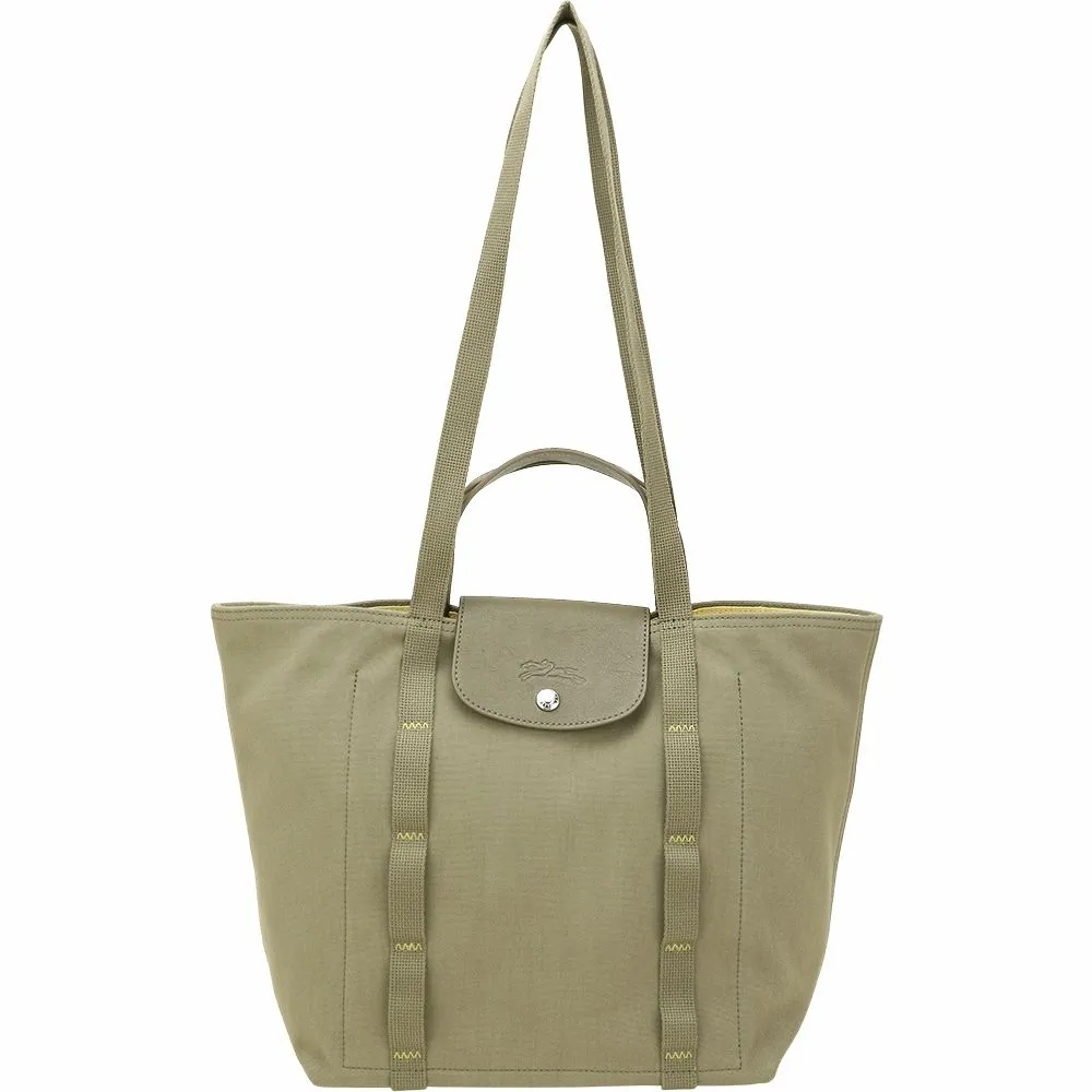 【LONGCHAMP】Le Pliage Collection 縫線織帶 帆布手提 肩背托特包(地衣綠 兩用包 通勤包)
