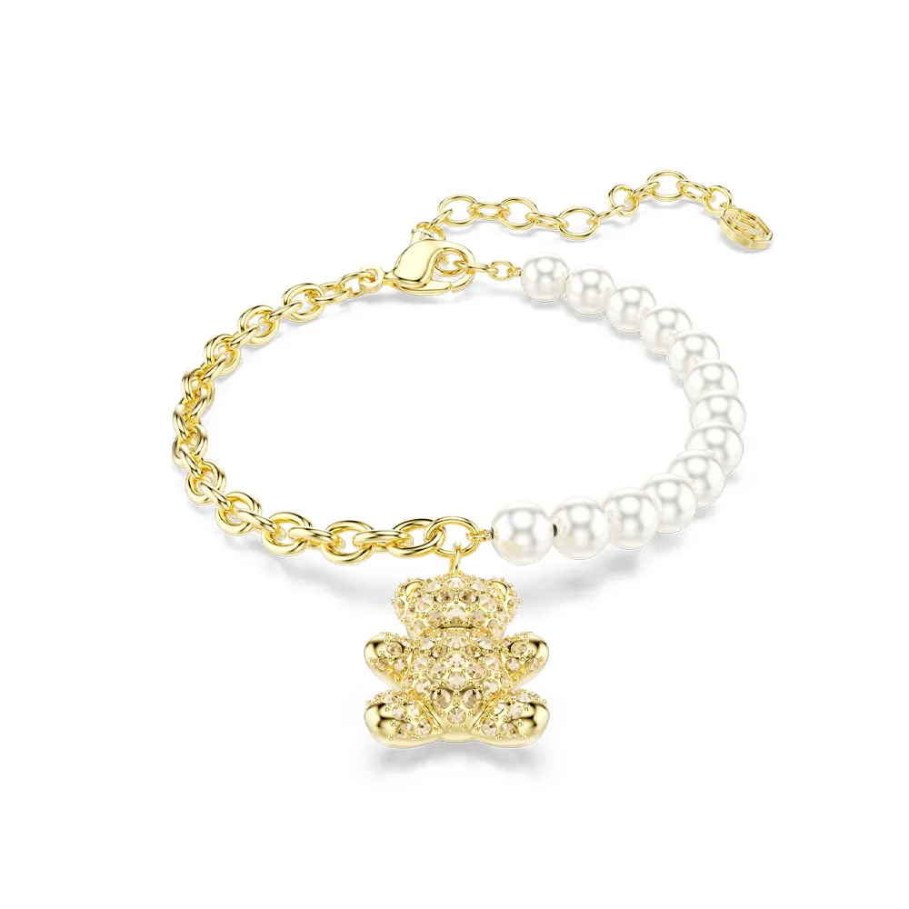 【SWAROVSKI 施華洛世奇】官方直營 Idyllia Teddy 金色泰迪熊水晶珍珠手鏈 鍍金色色調 | 5737622