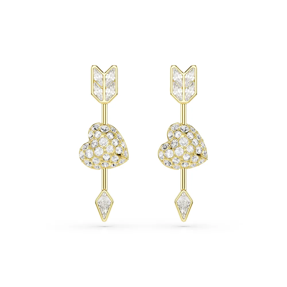 【SWAROVSKI 施華洛世奇】官方直營 Idyllia 愛心與箭頭耳環 鍍金色色調 愛神系列 | 5737295