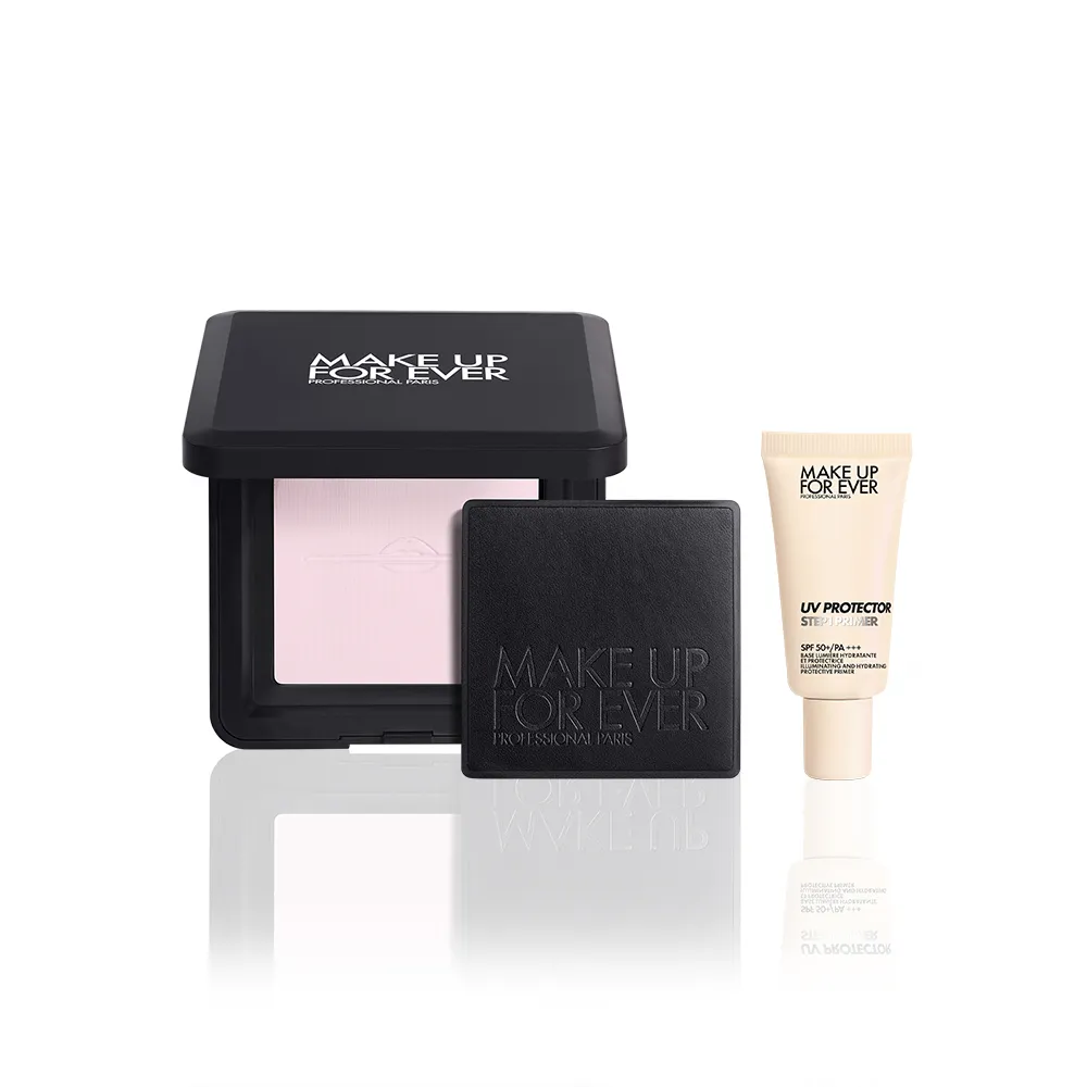 【MAKE UP FOR EVER】持久定妝雙星組(粉無痕光圈蜜粉餅10g+第一步玫瑰水感防曬乳15ml)