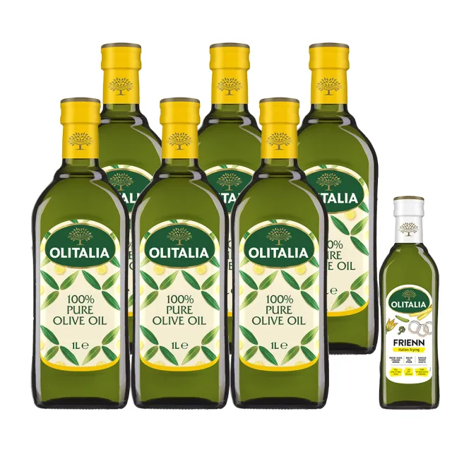 【Olitalia 奧利塔】純橄欖油禮盒組1000mlx6瓶+高溫專用葵花油500mlx1瓶