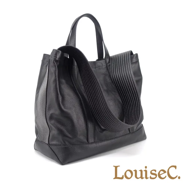 【LouiseC.】雙11 Tree House 超輕盈牛皮 中性大容量個性寬背帶 托特TOTE 手提側肩背大真皮包 黑色 CC5097-
