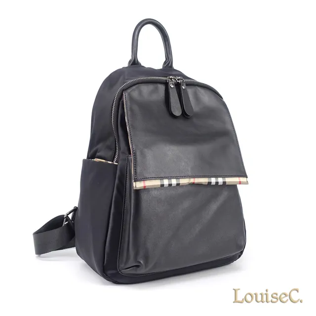 【LouiseC.】雙11 Tree House 質感牛津尼龍 牛皮 格紋布料飾片 收納手提後背防水包 黑色 YS25031-05