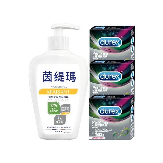 【茵緹瑪】益生元私密潔淨露(200ml/瓶)+杜蕾斯飆風碼衛生套3盒(共9入)