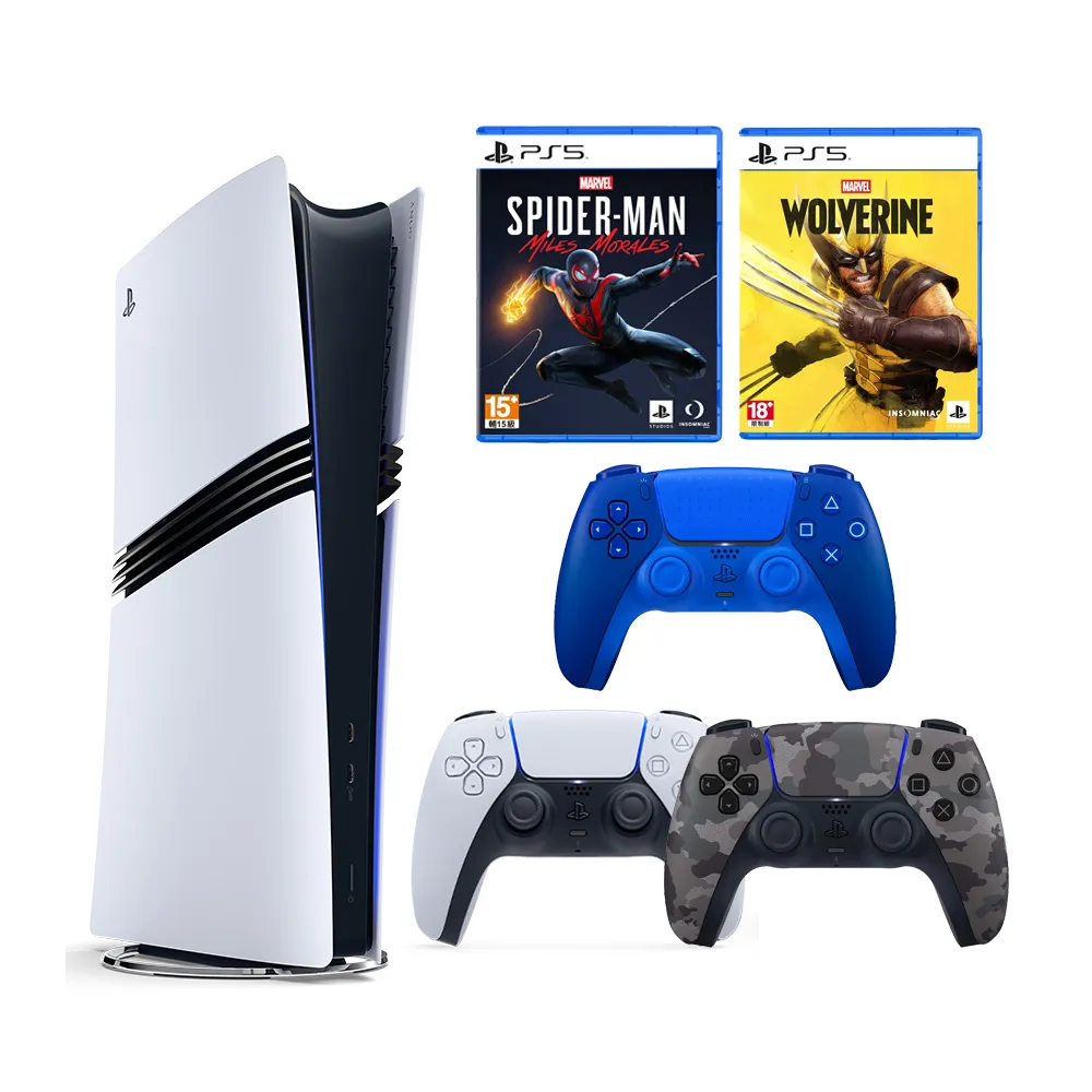 【SONY 索尼】PS5 Pro 遊戲主機+《蜘蛛人》+《金鋼狼》+《控制器(深灰迷彩+經典藍)》